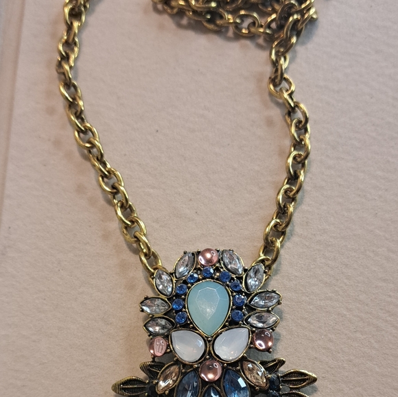 Vintage Bronze Tone Aqua Pink Blue Statement Necklace 28"L - Picture 3 of 5